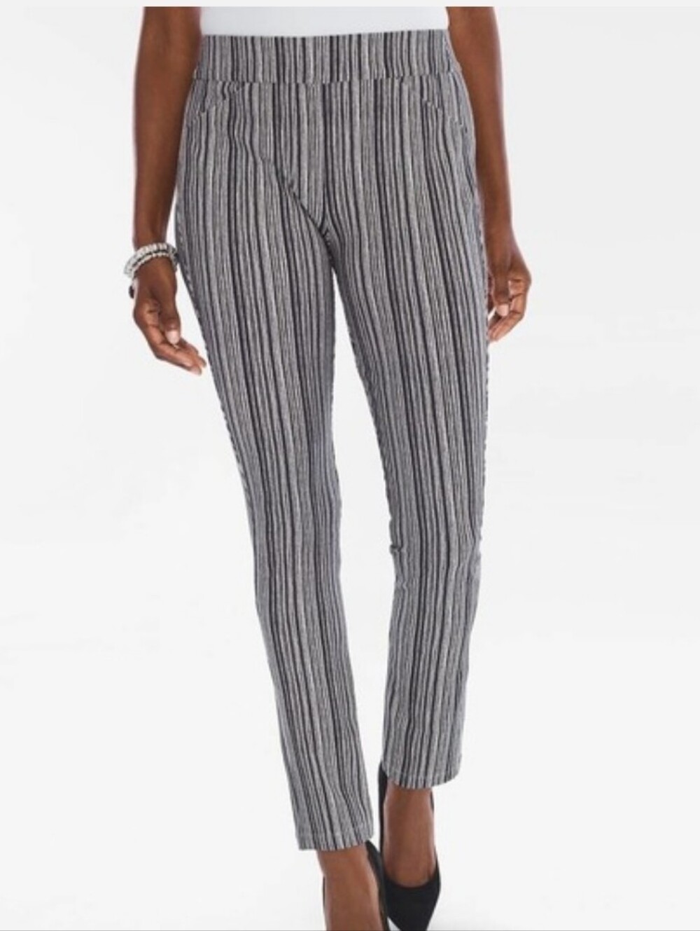 Chico's Travelers Black & White Vertical Stripe Straight-Leg Anklr Pants